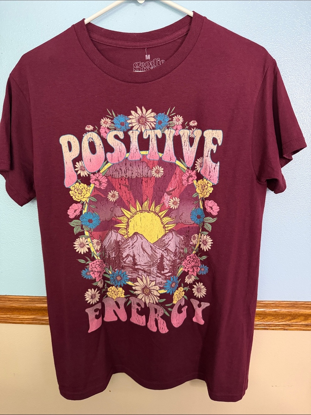 NWT Goodie Two Sleeves Positive Energy Graphic Tee Maroon M